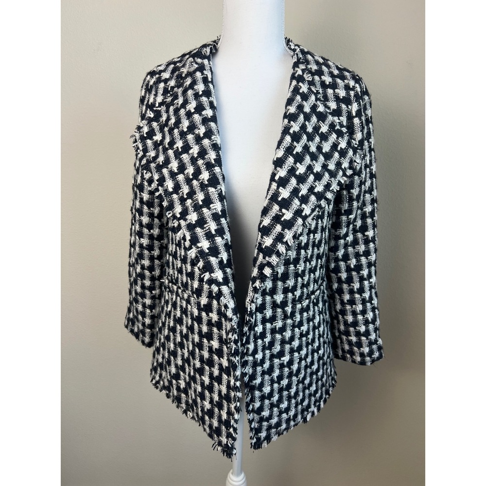 Ann Taylor Tweed Blazer Jacket XS Black White Academia Fringe Open‎ Front Career